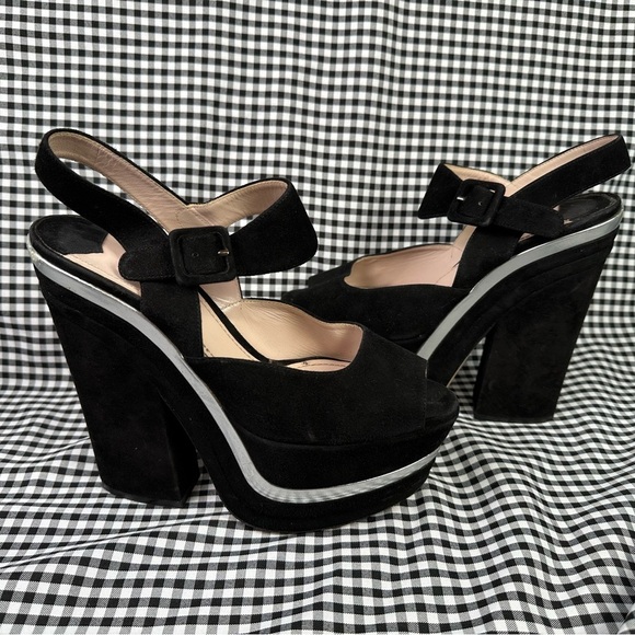 Miu Miu Black Silver Metallic 70s Disco Style Suede Platform Sandals EU 38 US 8 - Picture 1 of 7